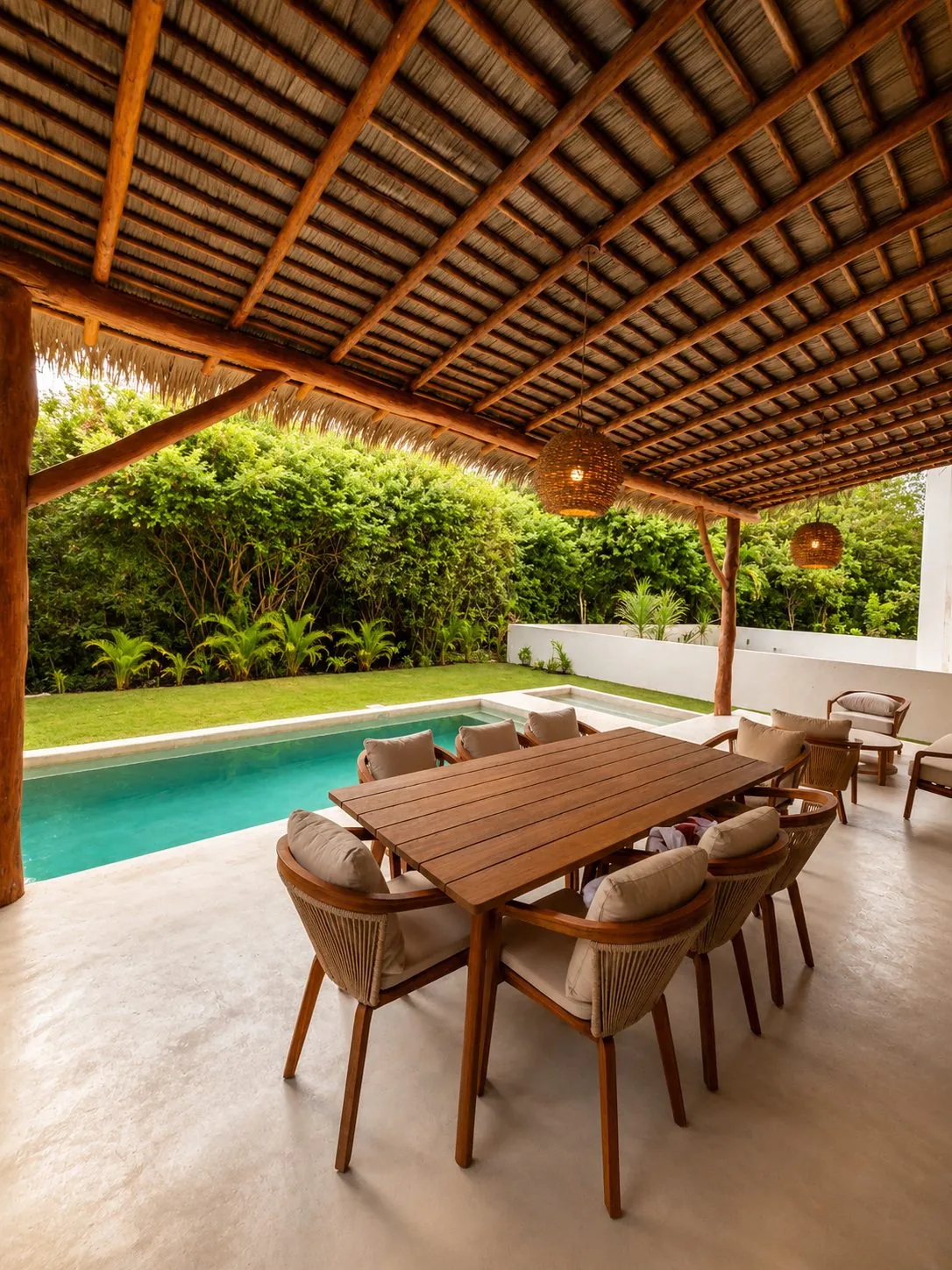 Comedor exterior y jardín tropical junto a la alberca en Casa Aria