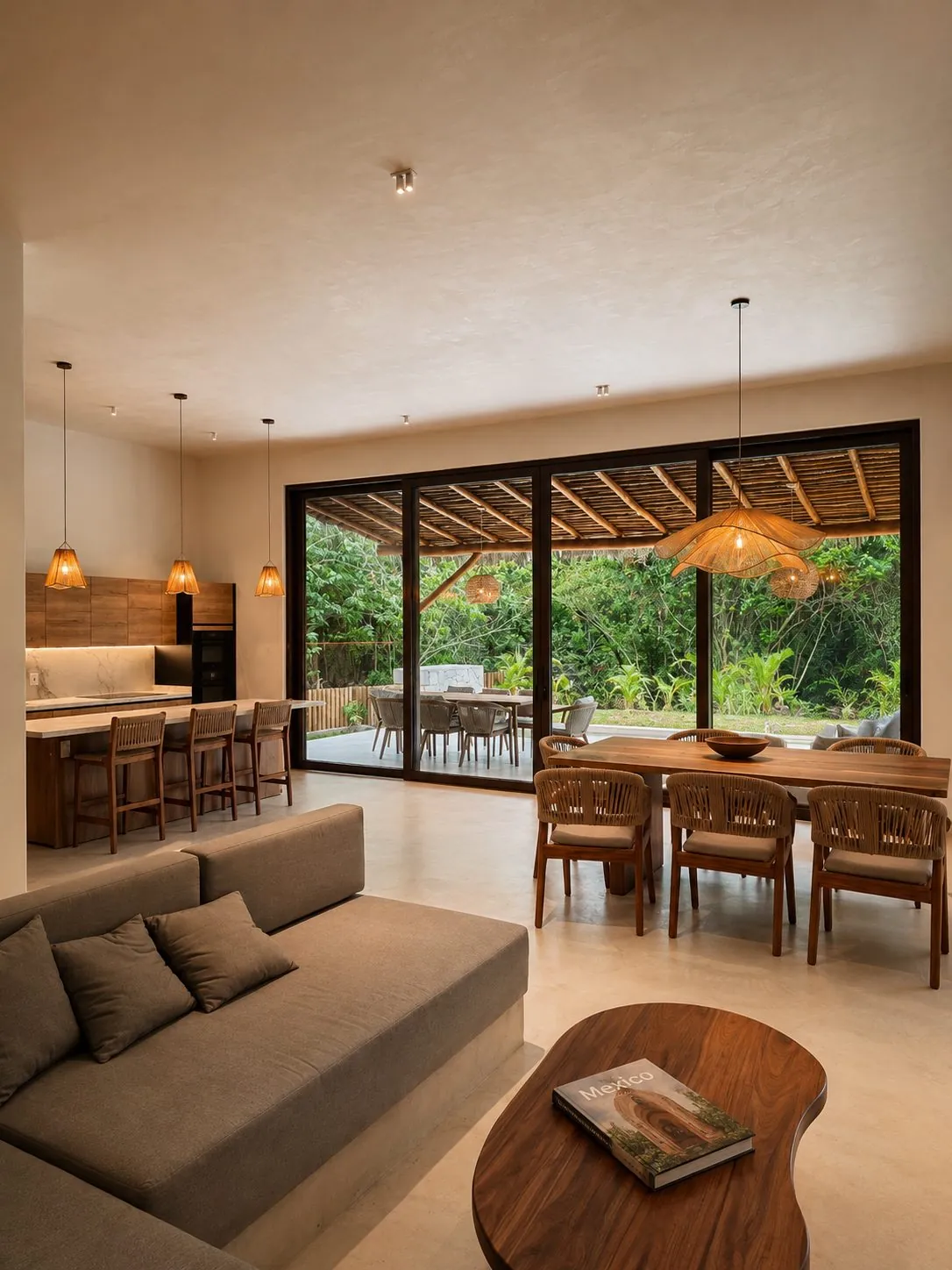 Sala y comedor de planta abierta de Casa Aria con ventanales a la selva