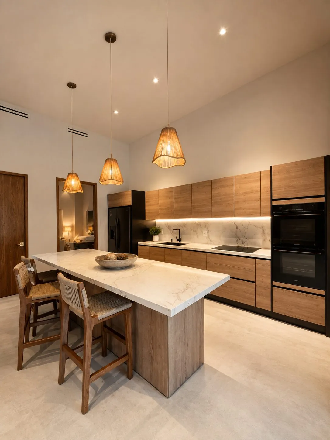 Cocina de lujo con isla de mármol y acabados premium en Casa Aria Tulum
