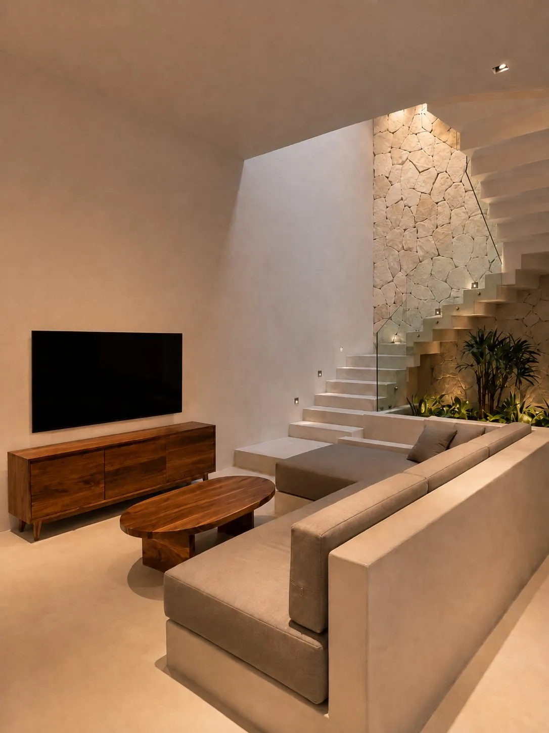 Sala de estar con muro de piedra natural y escalera de Casa Aria